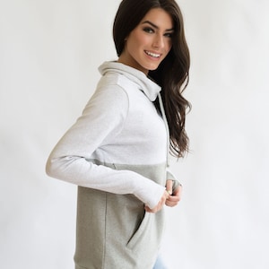 Light gray nursing sweatshirt with zipper access for breastfeeding