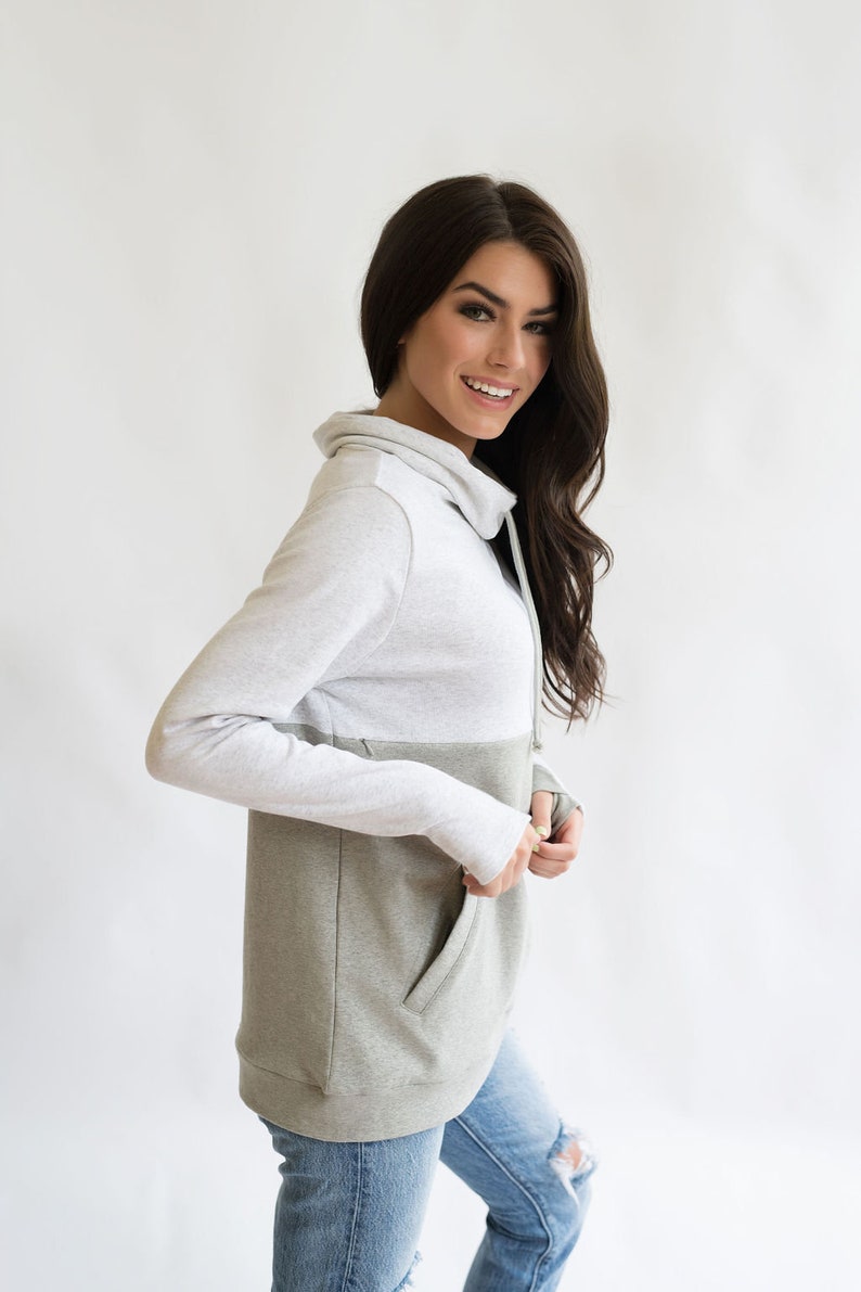 Light gray nursing sweatshirt with zipper access for breastfeeding