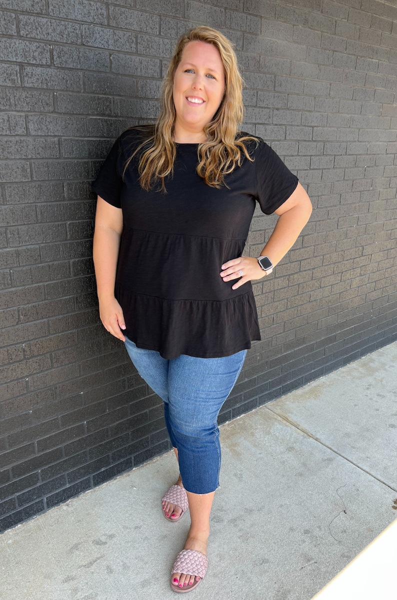 Black ruffle nursing top for breastfeeding mom