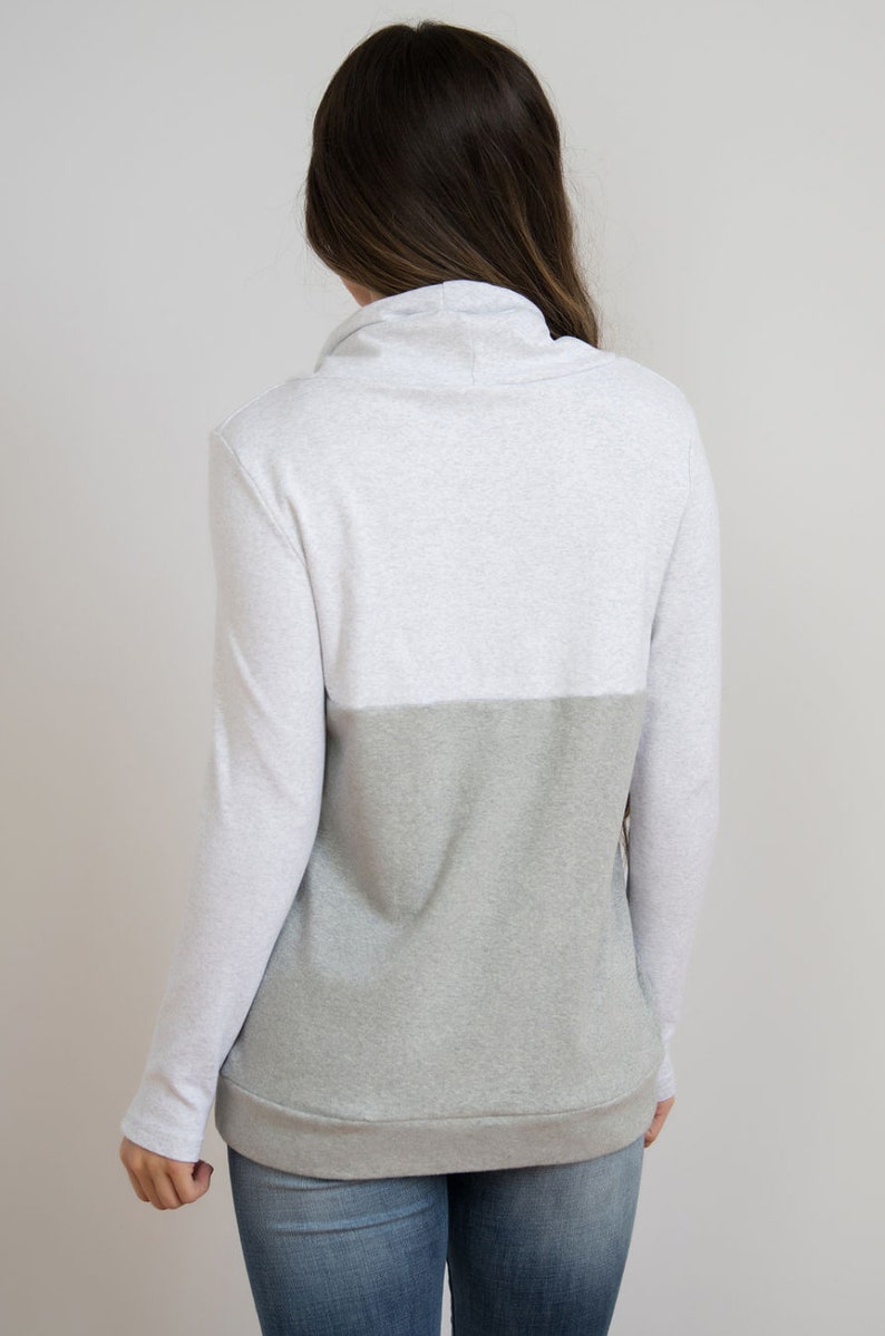 Light gray nursing sweatshirt with zipper access for breastfeeding