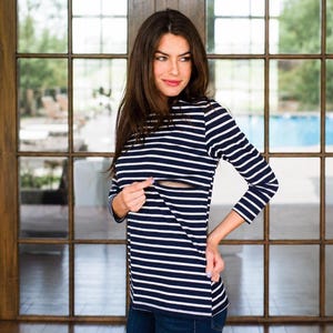 Nursing Top For Breastfeeding, Invisible Zipper, Breastfeeding Shirt - Navy/White Stripes