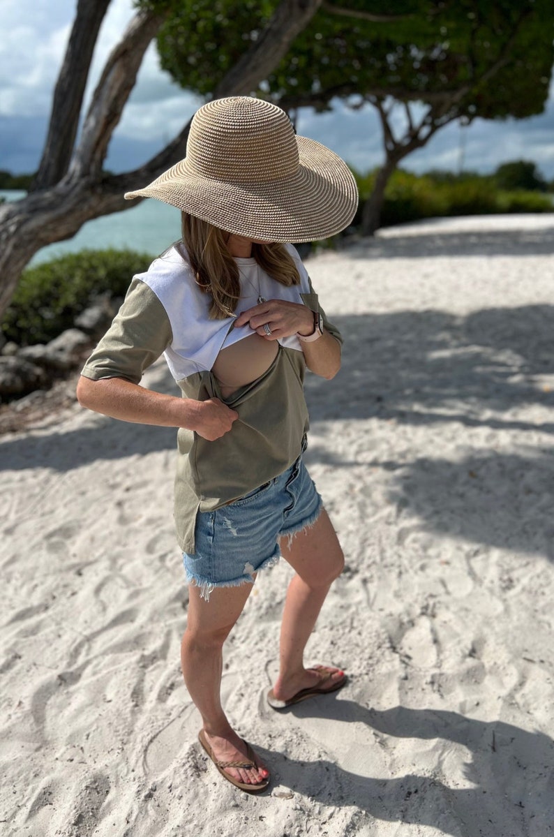 Pocket tee in olive moss and white for breastfeeding mom