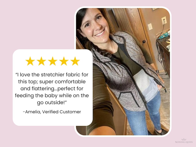 Mom wearing an olive long sleeve nursing shirt with a hidden zipper for breastfeeding access on the go.