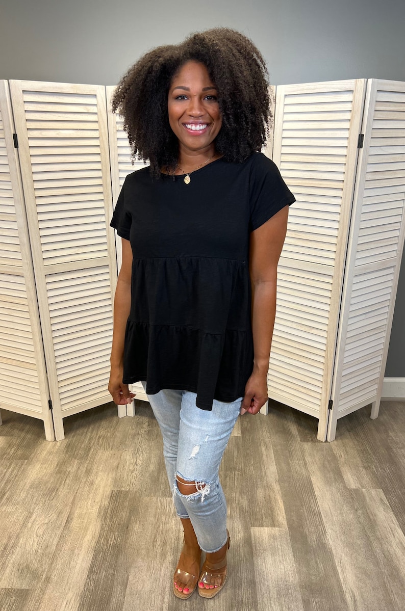 Black ruffle nursing top for breastfeeding mom