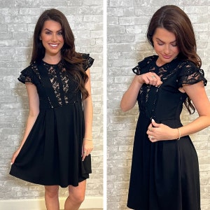 Formal Nursing Dress for a Wedding or Event- Black Lace Flutter Sleeve Dress