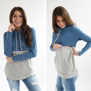 Nursing Sweatshirt for Breastfeeding - Nursing Hoodie with Pockets - Colorblock- Blue/Gray