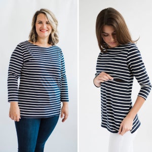 Gift for New Mom - Cotton Breastfeeding Top - 3/4 Sleeve-Navy/White Stripes