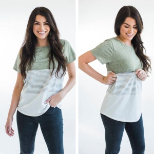 Nursing Shirt for Breastfeeding- Nursing Top- 3 Block Colorblock - Green- Short Sleeve