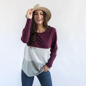 Wine Colorblock Nursing Top: Zipper Breastfeeding Shirt For New Mom