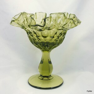 Fenton Thumbprint Ruffled Compote Colonial Green Double-Crimped Bowl 6&quot;