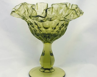 Fenton Thumbprint Ruffled Compote Colonial Green Double-Crimped Bowl 6"