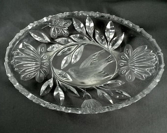 Antique Pickle Dish Peonies Butterfly Bird Clear Cut Glass ca 1915-1920 ABCG EAPG
