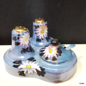 Jahrgang Tashiro Shoten Lustreware Gewürz Set blau Floral Salz Pfeffer Senf mit Löffel ca 1950 Mid Century