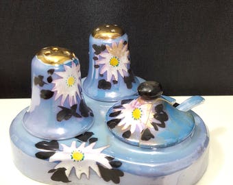 Vintage Tashiro Shoten Lustreware Condiment Set Blue Floral Salt Pepper Mustard with Spoon ca 1950 Mid Century