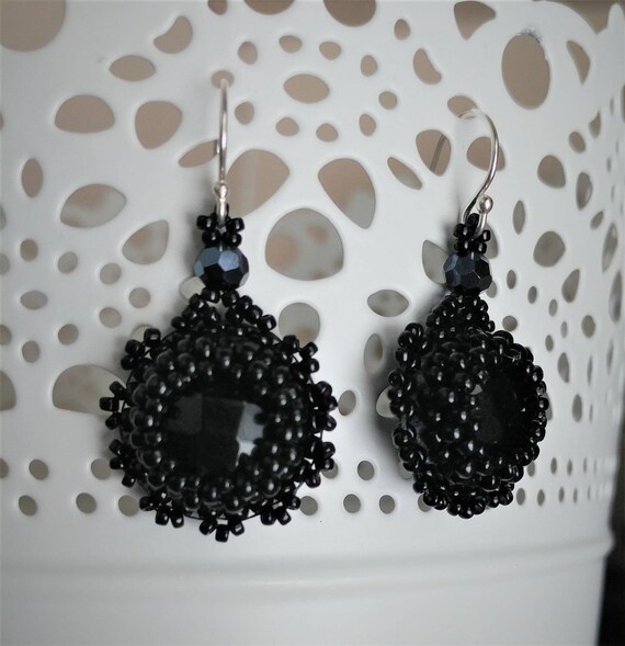Items similar to Faceted Onyx Bead Embroidered Earrings on Etsy