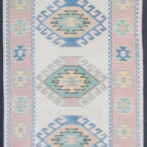 May include: A white runner rug with a geometric pattern in shades of pink, blue, green, and yellow. The rug has a fringed edge.