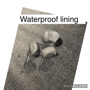 May include: Close-up of a gray fabric surface with the words "Waterproof lining" printed on it. Four ice cubes are sitting on the fabric, with water droplets visible around them.