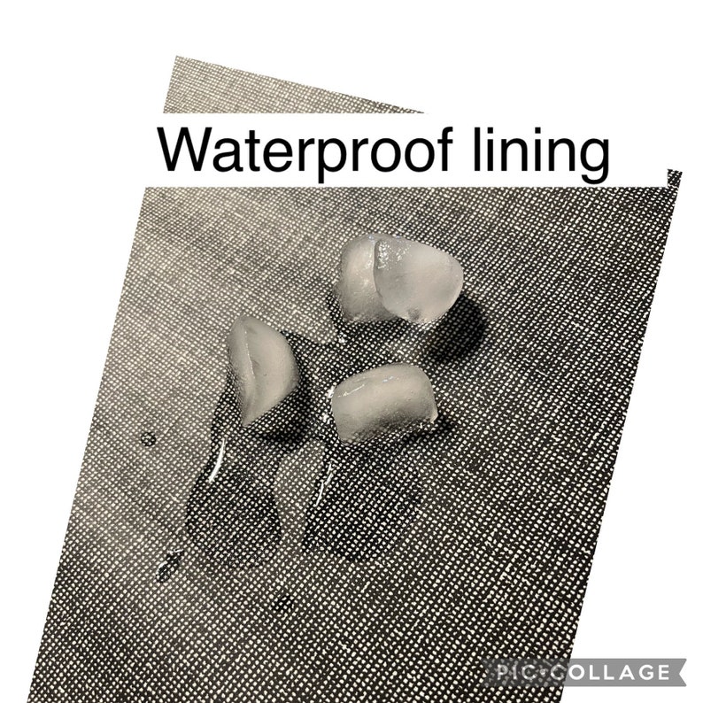 May include: Close-up of a gray fabric surface with the words "Waterproof lining" printed on it. Four ice cubes are sitting on the fabric, with water droplets visible around them.