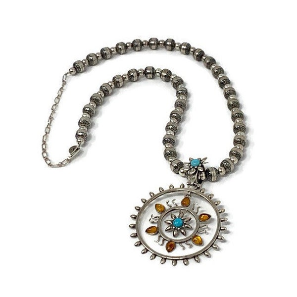 RARE Vintage Carolyn Pollack Large Turquoise Sterling Pendant & Navajo Pearl Southwest Statement Necklace:  New Mexico Jewelry