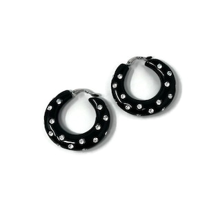 Vintage Kenneth Jay Lane KJL Black Lucite Rhinestone Clip On Hoop Earrings