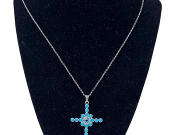 Thailand Turquoise Cabochon Blue Topaz Sterling Silver Cross Pendant Vintage Signed Necklace