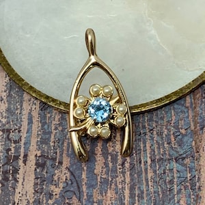 Vintage Sarah Coventry Wishbone 1955 Clover Blue Rhinestone Faux Pearl Unsigned Brooch Pin