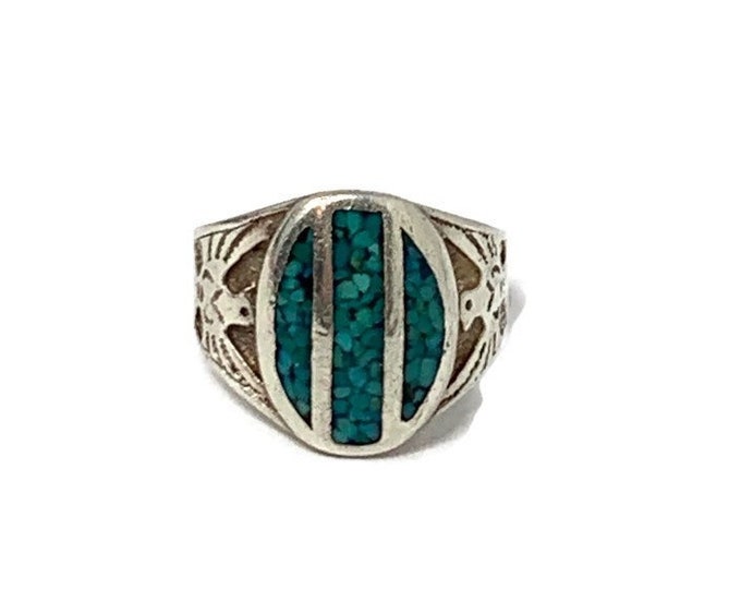 Vintage Wheeler Manufacturing of Lemmon Mens Crushed Turquoise Chip Inlay Sterling Thunderbird