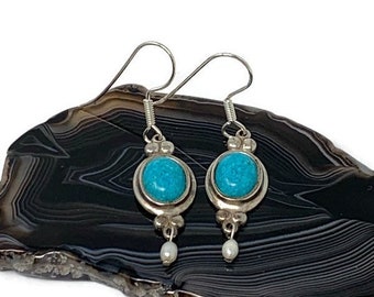 Vintage Southwest Sterling Silver Turquoise Pearl Dangle Earrings Signed CCO Coleman