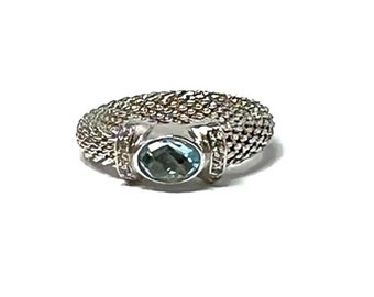 Dyadema Faceted Blue Topaz East West Mesh Pattern Sterling Silver Band Ring:  Size 6