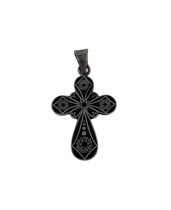 Vintage Taxco Mexico Sterling Silver Oxidized Cross Pendant/OMA TM-212