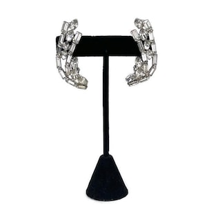 Vintage Sparkling Clear Rhinestone Ear Climber Clip On Earrings-Prong Set Marquise Baguette Cut-Hollywood Glam