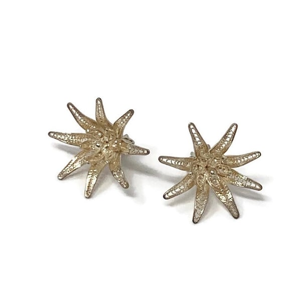 Vintage Unique Sterling Silver Cannetille Retro Starburst Flower Filigree Stud Earrings