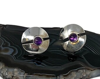 Vintage Amethyst Sterling Silver Modernist Stud Earrings/Signed PTP