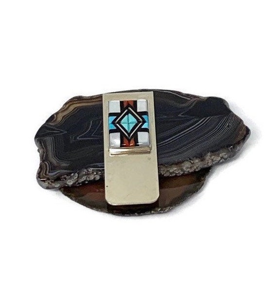 Vintage Zuni Signed Turquoise Mosaic Inlay Sterling Silver  display picture 3