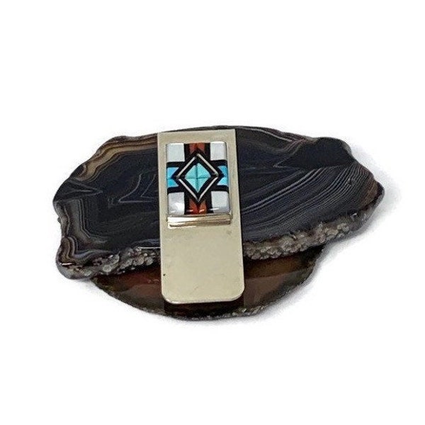 Zuni Signed Native American Handmade Turquoise Multi Stone Mosaic Inlay Southwest Sterling Money Clip