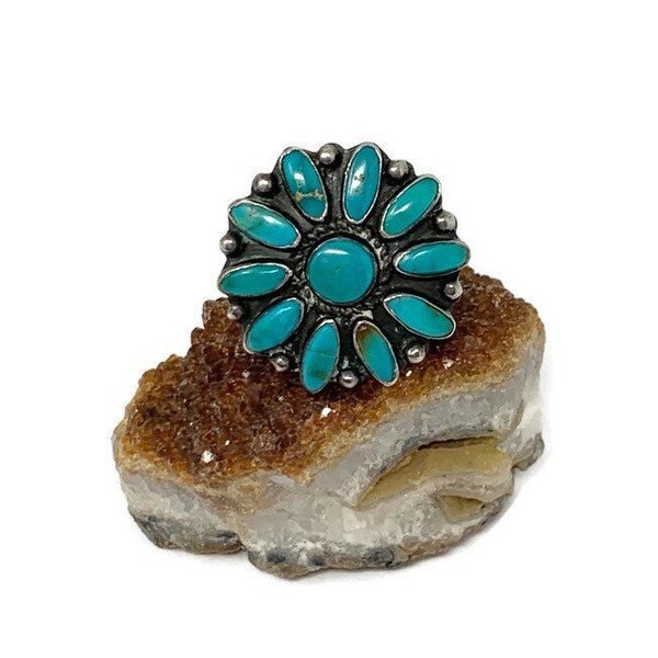 Vintage Zuni Native American Made Turquoise Cluster Petit Point Sterling Southwest Ring:  Zuni Jewelry/Size 4 3/4