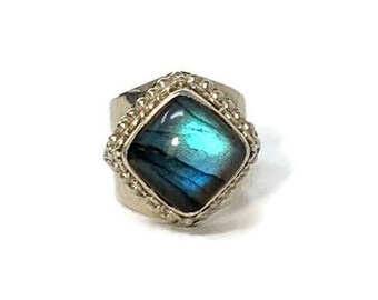 Vintage Sajen Labradorite Sterling Silver Wide Band Heavy Ring: Balinese Jewelry/Size 8