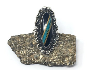 Vintage Navajo Nila Cook Johnson Turquoise Mosaic Inlay Native American Southwest Ring:  Pinky Ring/Size 5 3/4