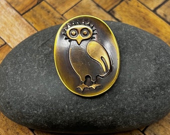 Vintage Signed Hogan Bolas Retro Brass & Copper Mid Century Modern Owl Bird Figural Brooch Pin