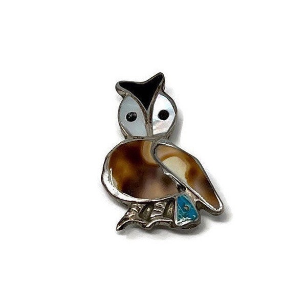Vintage Small Zuni Inlay Sterling Owl Bird Lapel Hat Pin/Southwest Brooch: Native American/Zuni Jewelry