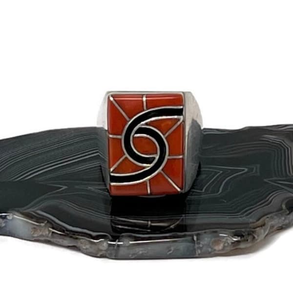 Vintage Signed Zuni Amy Quandelacy Mens Red Coral Sterling Inlay Hummingbird Southwest Signet Ring:  Size 11 1/2