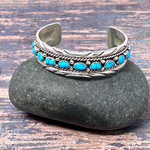 Vintage Navajo Turquoise Sterling Silver Cuff Bracelet: Signed MC Handcrafted Southwestern Jewelry