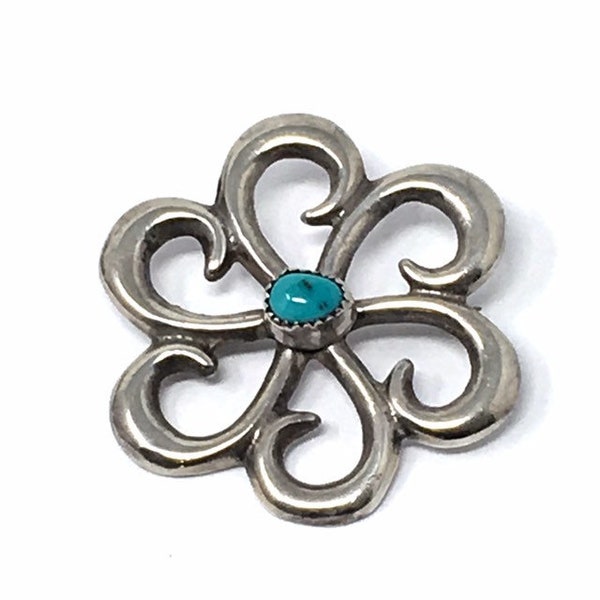 Vintage Navajo Turquoise Sand Cast Sterling Pinwheel Circle Native American Southwest Brooch Lapel Pin