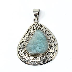Large Natural Sky Blue Larimar Cabochon Sterling Statement Pendant:  Dominican Larimar/20g