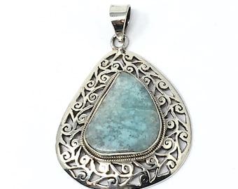 Large Natural Sky Blue Larimar Cabochon Sterling Statement Pendant:  Dominican Larimar/20g