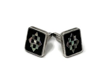 Vintage Mexico Sterling Silver Black Onyx Abalone Gemstone Inlay Cufflinks Signed PGG