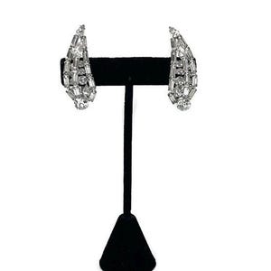 Vintage Signed Kramer NY Clear Rhinestone Ear Climber Clip On Prong Set Earrings: Hollywood Glam