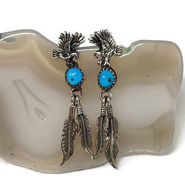 Vintage Signed Navajo Handmade RB Petite Turquoise Sterling Eagle Feather Southwest Dangle Earrings