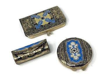 Vintage Florentine Italian Tooled Embossed Leather Powder Compact, Coin Purse Wallet & Lipstick Holder Set:  Purse Accessories