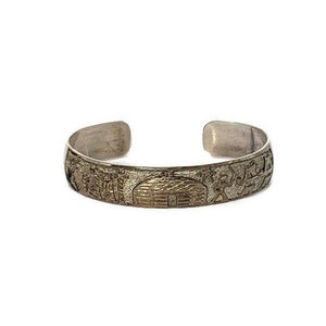 Vintage Navajo Storyteller Cuff/Signed JC Jessie Claw Mixed Metal Sterling Silver & 12K GF Bracelet